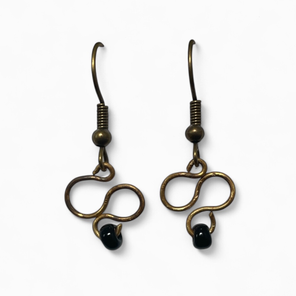 Elegant Black and Antique Gold Patina Earrings in Bronze Hooks